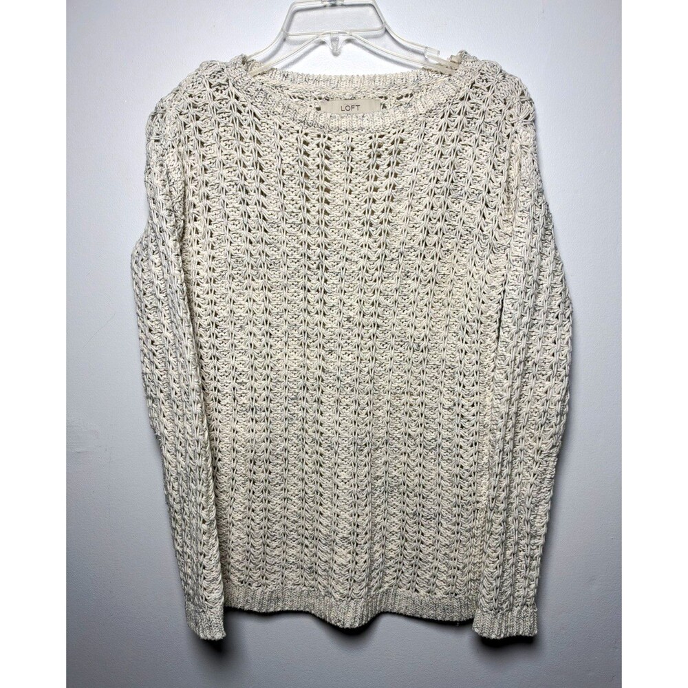 LOFT Women’s XS Ivory Solid Chunky Open-Knit Crew Neck Long Sleeve Pullover